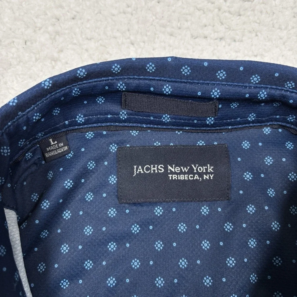 Jachs New York Button Shirt Mens L Blue Geometric Stretch Performance Short Slv